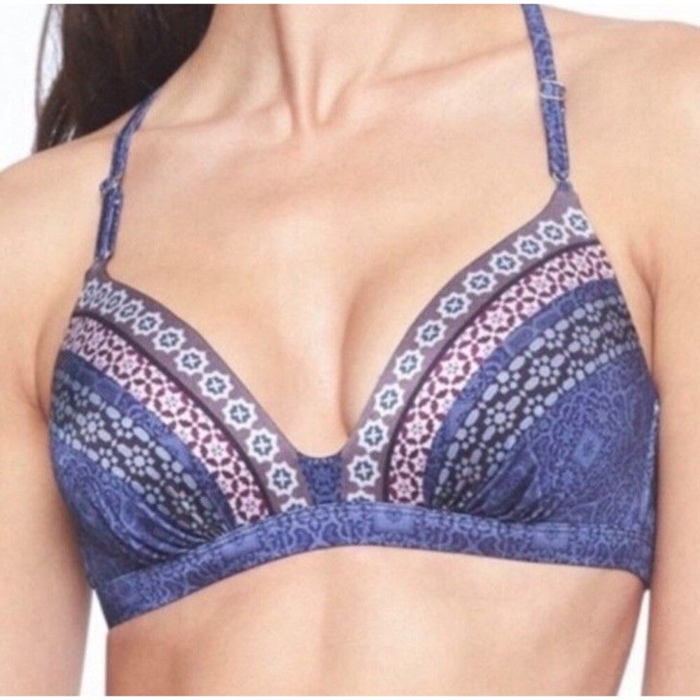 Athleta Aqualuxe Strappy Blue Batik Bikini Swim Top Size Small Padded